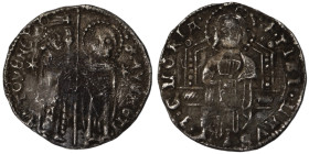 Venice. Francesco Dandolo. (1328-1339 AD). AR Grosso. (21mm, 1,34g). Obv: Doge and S. Marco standing facing, holding banner between them. Rev: Christ ...