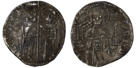 Venice. Francesco Dandolo. (1328-1339 AD). AR Grosso. (21mm, 1,34g). Obv: Doge and S. Marco standing facing, holding banner between them. Rev: Christ ...