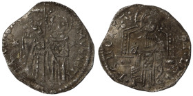 Venice. Francesco Dandolo. (1328-1339 AD). AR Grosso. (21mm, 1,34g). Obv: Doge and S. Marco standing facing, holding banner between them. Rev: Christ ...