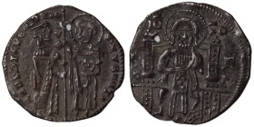 Venice. Francesco Dandolo. (1328-1339 AD). AR Grosso. (21mm, 1,34g). Obv: Doge and S. Marco standing facing, holding banner between them. Rev: Christ ...