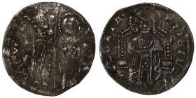 Venice. Francesco Dandolo. (1328-1339 AD). AR Grosso. (21mm, 1,34g). Obv: Doge and S. Marco standing facing, holding banner between them. Rev: Christ ...