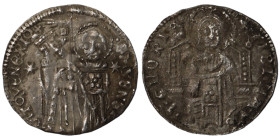 Venice. Francesco Dandolo. (1328-1339 AD). AR Grosso. (21mm, 1,34g). Obv: Doge and S. Marco standing facing, holding banner between them. Rev: Christ ...