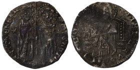 Venice. Francesco Dandolo. (1328-1339 AD). AR Grosso. (21mm, 1,34g). Obv: Doge and S. Marco standing facing, holding banner between them. Rev: Christ ...
