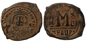 Maurice Tiberius. (582-602 AD). Follis. (27mm 11,95g) Theoupolis. Obv: bust of Maurice Tiberius facing. Rev: A/N/N/O M.