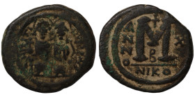 Justin II. and Sophia. (565-578 AD). Follis. (29mm 12,39g) Nicomedia. Obv: Justin II. and Sophia enthroned facing. Rev: ANNO / M.