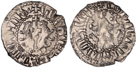 Kings of Armenia.. Levon I AD 1198-1219. Levon seated facing on throne decorated with lions, holding cross and lis-tipped sceptre / Two lions rampant ...