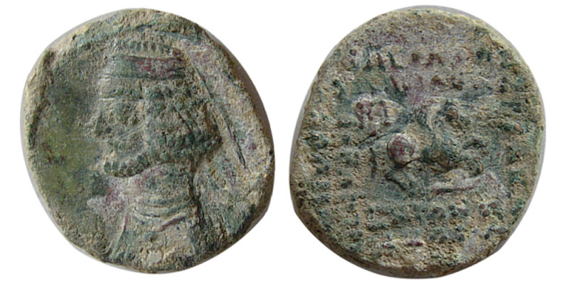 KINGS of PARTHIA. Mithradates IV. 57/8-55 BC. Æ Dichalkous (3.13 gm; 16 mm). Ekb...