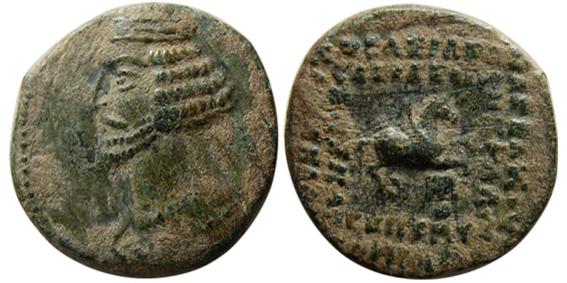 KINGS of PARTHIA, Mithradates IV. 57/8-55 BC. Æ (2.31 gm; 15 mm). Ekbatana. Diad...