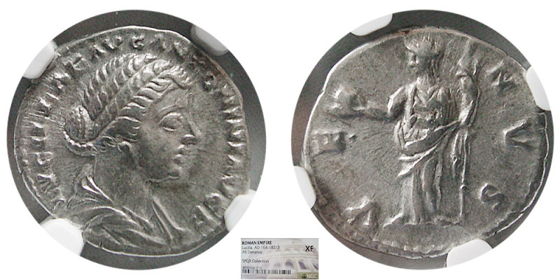 ROMAN EMPIRE; Lucilla, 164-183 AD. AR Denarius. NGC-XF. Rome, AD 161-169. LVCILL...
