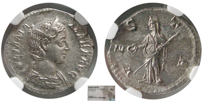 ROMAN EMPIRE; Julia Mamaea, 222-235 AD. AR Denarius. NGC-AU. Rome, AD 227. IVLIA...