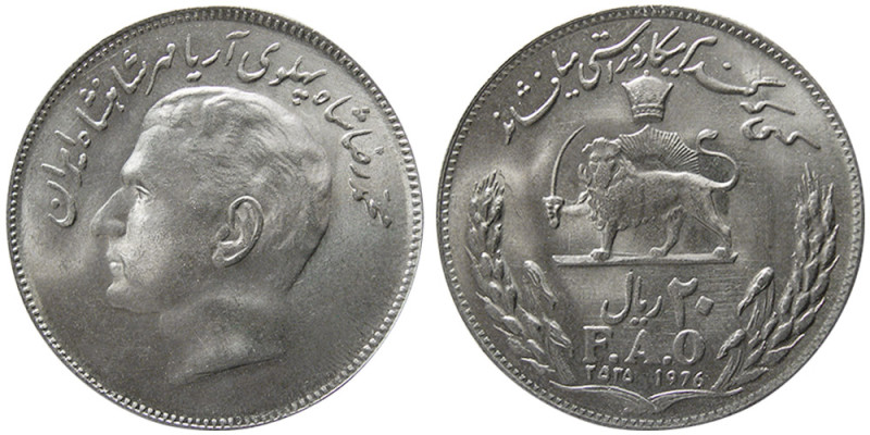 IRAN, Pahlavi Dynasty. SH 2535(1976) 20 Rials (9.06 gm; 30mm). F.A.O. Choice UNC...