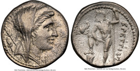 BRUTTIUM. The Brettii. Ca. 216-214 BC. AR drachm (18mm, 4.54 gm, 2h). NGC Choice XF 3/5 - 2/5. Second Punic War issue. Head of Hera right, veiled and ...
