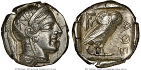 ATTICA. Athens. Ca. 440-404 BC. AR tetradrachm (22mm, 17.21 gm, 7h). NGC Choice AU 5/5 - 4/5. Mid-mass coinage issue. Head of Athena right, wearing ea...