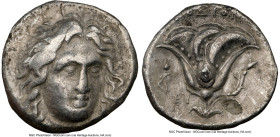 CARIAN ISLANDS. Rhodes. Ca. 305-275 BC. AR didrachm (20mm, 2h). NGC Choice VF, flan flaw. Head of Helios facing slightly right, hair parted in center ...