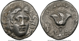 CARIAN ISLANDS. Rhodes. Ca. 230-205 BC. AR drachm (15mm, 12h). NGC Choice VF, die shift. Ameinias, magistrate. Head of Helios facing slightly right, h...