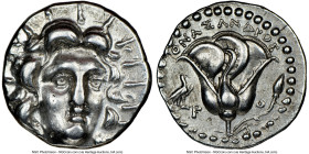 CARIAN ISLANDS. Rhodes. Ca. 205-190 BC. AR didrachm (19mm, 12h). NGC AU. Onasandrus, magistrate. Radiate head of Helios facing slightly right, hair pa...