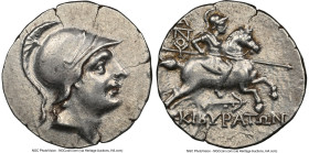 PHRYGIA. Cibyra. Ca. 2nd-1st centuries BC. AR drachm (16mm, 11h). NGC XF. Head of Cibyras in crested Attic helmet right / ΚΙΒΥΡΑΤΩΝ, Cibyras charging ...