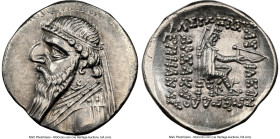 PARTHIAN KINGDOM. Mithradates II (ca. 121-91 BC). AR drachm (20mm, 1h). NGC AU. Rhagae or Ecbatana, ca. 109-96/5 BC. Diademed, draped bust of Mithrada...