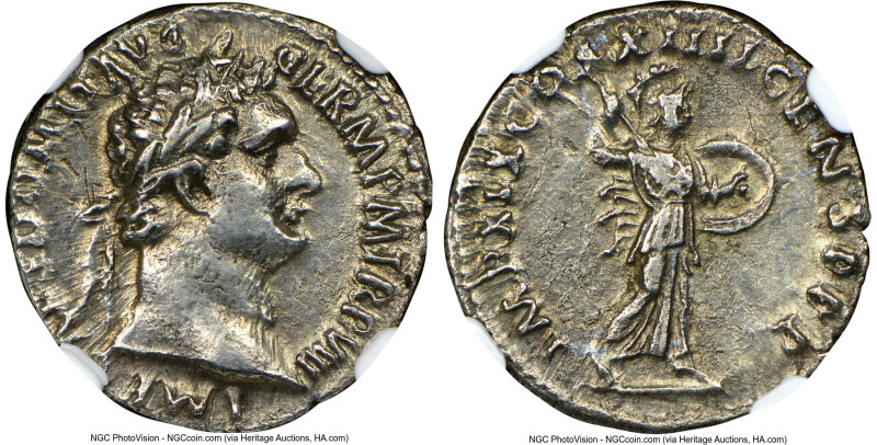 Domitian, as Augustus (AD 81-96). AR denarius (18mm, 3.19 gm, 5h). NGC AU 5/5 - ...