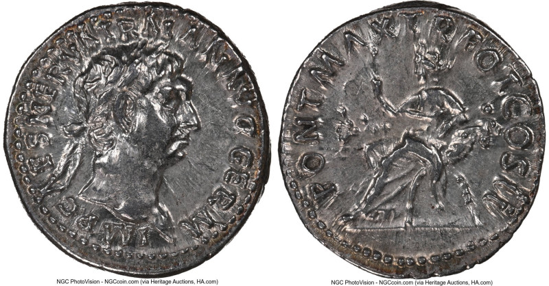 Trajan (AD 98-117). AR denarius (19mm, 6h). NGC Choice AU. Rome, AD 98-99. IMP C...