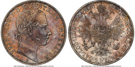 Franz Joseph I Florin 1860-A MS62 NGC, Vienna mint, KM2219. Lustrous underlying surfaces draped in an orange and lilac tone. HID09801242017 © 2023 Her...