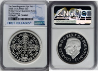 Charles III silver Proof "Petition Crown - Quartered Arms" 5 Pounds (2 oz) 2023 PR70 Ultra Cameo NGC, First Releases. Great Engravers series. Reverse ...