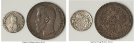 Pair of Uncertified Assorted Issues, 1) Elizabeth 10 Kopecks 1744 - XF, Krasny mint, KM-C16. 19.5mm. 2.78gm 2) Nicholas II Rouble 1898-AГ - AU, St. Pe...