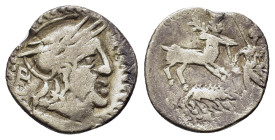 Celtic, Uncertain. Imitating a Roman Republican AR Denarius (18mm, 2.80g). Helmeted head of Roma r.; B behind; all within wreath. R/ Stag standing r.,...