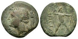 Italy, Bruttium, The Brettii, c. 214-211 BC. Æ Half Unit (17mm, 3,7g). Head of Nike l., wearing stephanos; grain ear behind neck. R/ Zeus standing r.,...