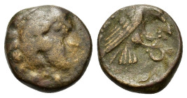 Italy, Bruttium, Kroton. c. 350-300 BC. Æ (15mm, 4g). Head of Herakles right, wearing lion skin. R/ Eagle right, alighting on snake; ivy leaf to left....