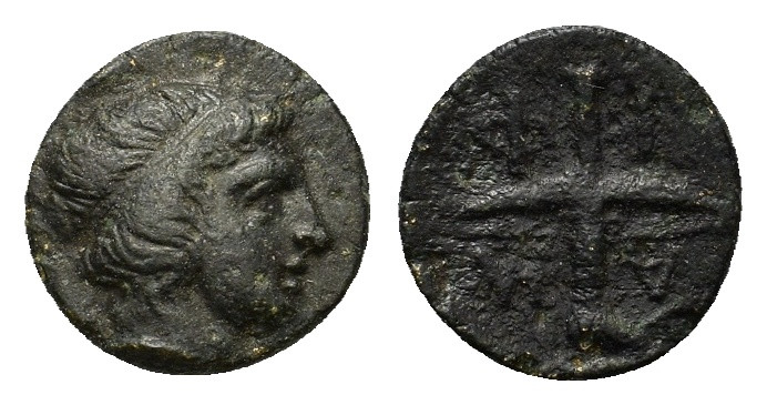 Macedon, Amphipolis, c. 410-357 BC. Æ Dichalkon (11mm, 1g). Head of Hero Rhesos ...