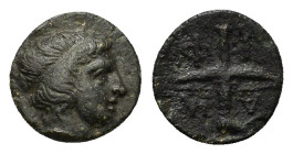 Macedon, Amphipolis, c. 410-357 BC. Æ Dichalkon (11mm, 1g). Head of Hero Rhesos (founder of Amphipolis) to right, wearing taenia. R/A-M-Φ-I Lighted ra...