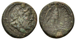 Macedon, Amphipolis, 2nd century BC. Æ (19,5mm, 6g). Laureate head of Zeus right. R/AMΦIΠOΛEITΩN. Eagle standing right on thunderbolt. SNG Copenhagen ...