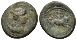Macedon, Amphipolis, c. 187-168/7. Æ (28,2mm, 19g). Draped bust of Artemis right, with bow and quiver over shoulder. R/Artemis Tauropolos, holding bil...