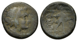 Macedon, Pella, c. 187-168/7 BC. Æ (20mm, 7.4g). Draped bust of Pan right; crook over shoulder. R/ Athena Alkidamos right; monograms flanking. Tourats...