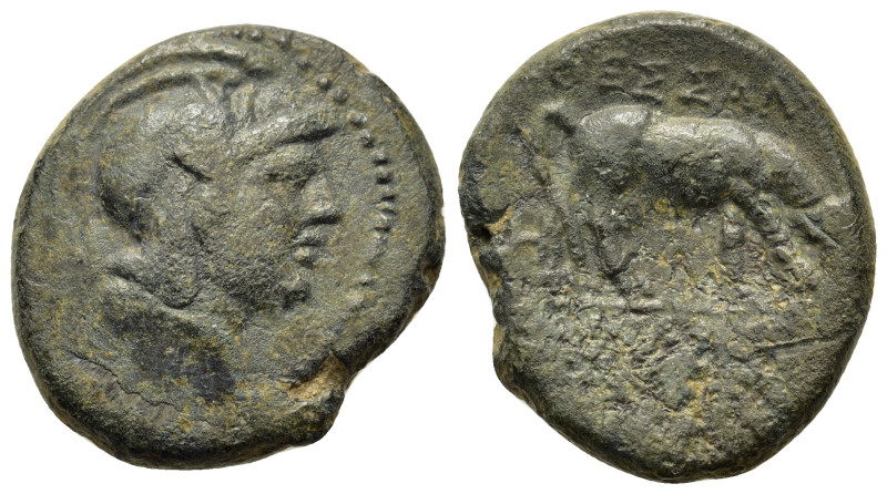 Macedon, Thessalonica, c. 187-131 BC. Æ (20,7mm, 6.5g). Helmeted head of Athena ...