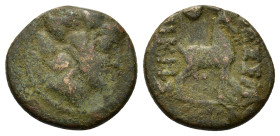 Macedon, Thessalonica. c. 187-131 BC. Æ Dichalkon (18,4mm, 5.5g). Head of Dionysos right, wearing ivy wreath. R/ ΘΕΣΣΑΛΟΝΙΚHΣ, goat standing right. To...