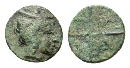 Macedon, Tragilos, c. 405-390 BC. Æ (9,5mm, 1g). Head of Hermes to right, wearing petasos. R/ T-P-A-I within four segments around central pellet. AMNG...