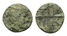 Macedon, Tragilos, c. 405-390 BC. Æ (9,5mm, 0.9g). Head of Hermes to right, wearing petasos. R/ T-P-A-I within four segments around central pellet. AM...