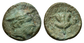 Macedon, Tragilos, c. 405-390 BCÆ Dichalkon (15,5mm, 3.5g). Head of Hermes right, wearing petasos. R/ΤΡΑΙΛΙΟΝ Rose; to right, grapes. SNG ANS 911. VF....