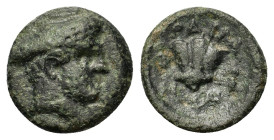 Macedon, Tragilos, c. 405-390 BC. Æ Dichalkon (15,5mm, 3g). Head of Hermes right, wearing petasos. 
R/ΤΡΑΙΛΙΟΝ Rose; to right, grapes. SNG ANS 911. VF...