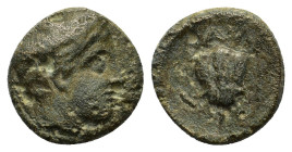 Macedon, Tragilos, c. 405-390 BC. Æ Dichalkon (15mm, 3.4g). Head of Hermes right, wearing petasos. 
R/ΤΡΑΙΛΙΟΝ Rose; to right, crescent. SNG ANS 911. ...