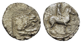 Kings of Macedon. Perdikkas II (451-413 BC). AR Tetrobol (14mm, 1.95g). Mounted horseman r., wearing petasos and holding two spears. R/ Forepart of li...