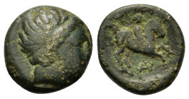 Kings of Macedon, Philip II (359-336 BC). Æ Unit (16,4mm, 5.3g). Uncertain mint in Macedon. Diademed head of Apollo r. R/ Youth on horseback riding r....