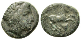 Kings of Macedon. Alexander III (336-323 BC). Æ (13mm, 3.20g). Diademed male head r. R/ Horse galloping r.; symbol below. HGC 3.1, 928.
