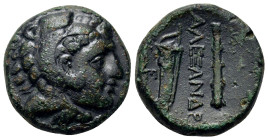 Kings of Macedon. Alexander III (336-323 BC). Æ (17,2mm, 6.2g). Head of Herakles r. wearing lion skin headdress. R/ Club and bow in bowcase; E below. ...