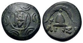Kings of Macedon. Demetrios I Poliorketes (306-283 BC). Æ Half Unit (14,9mm, 3.6g). In the types of Alexander III. Pella mint. Macedonian shield with ...