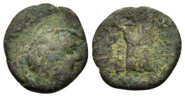 Kings of Macedon. Demetrios I Poliorketes (306-283 BC). Æ (21mm, 6.6g). Salamis. Helmeted head of Athena r. R/ Prow r. Newell 20; SNG Alpha Bank 954-5...