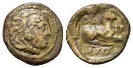 Kings of Macedon. Kassander (As regent, 317-305 BC). Æ Half Unit (18,2mm, 4.6g). Pella mint (?). Head of Herakles right, wearing lion skin / Lion couc...