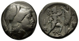 Kings of Macedon. Antigonos II Gonatas (277/6-239 BC). Æ (17,8mm, 6.5g). Uncertain Macedonian mint. Helmeted head of Athena r. R/ Pan standing r., ere...